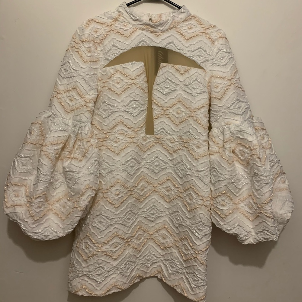 White, Gold, and Silver Flared Sleeve Dress